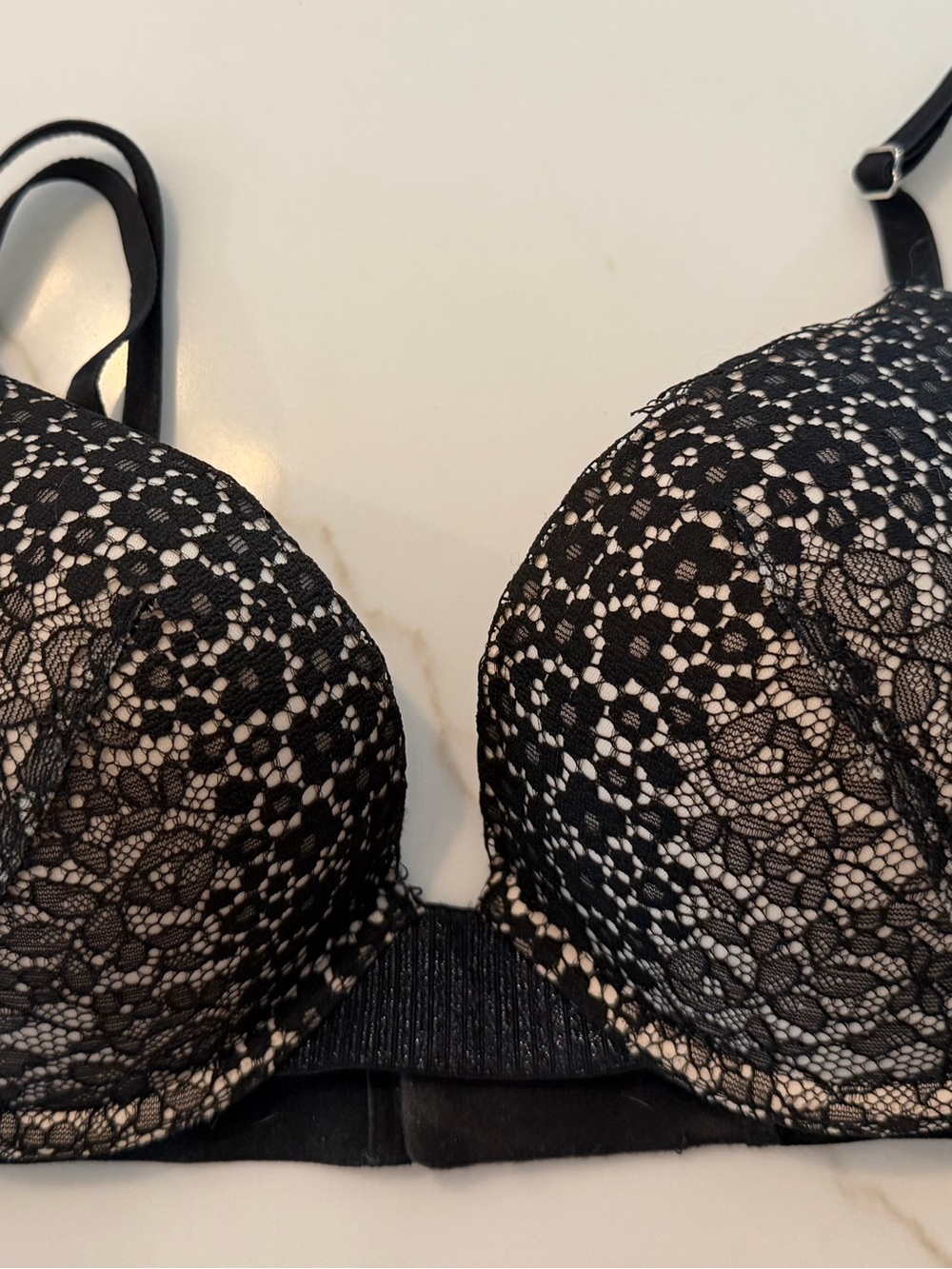 Victoria's Secret Black Lace Plunge Push-Up Bra with Nude Lining